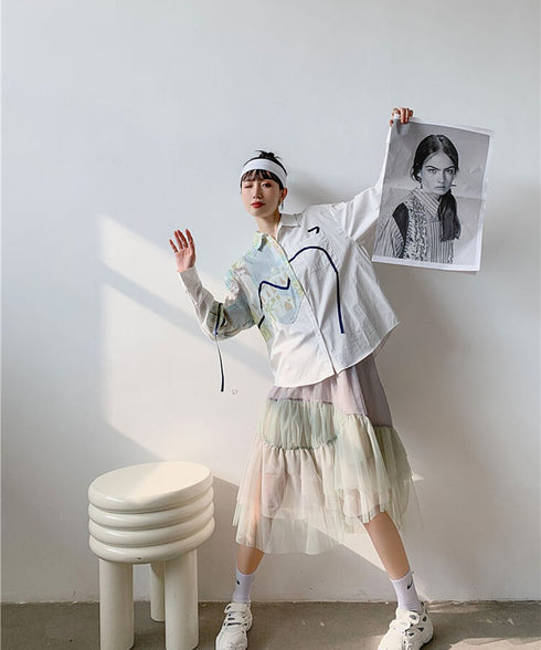 Asymmetric Art Panel Drawcord Shirt
